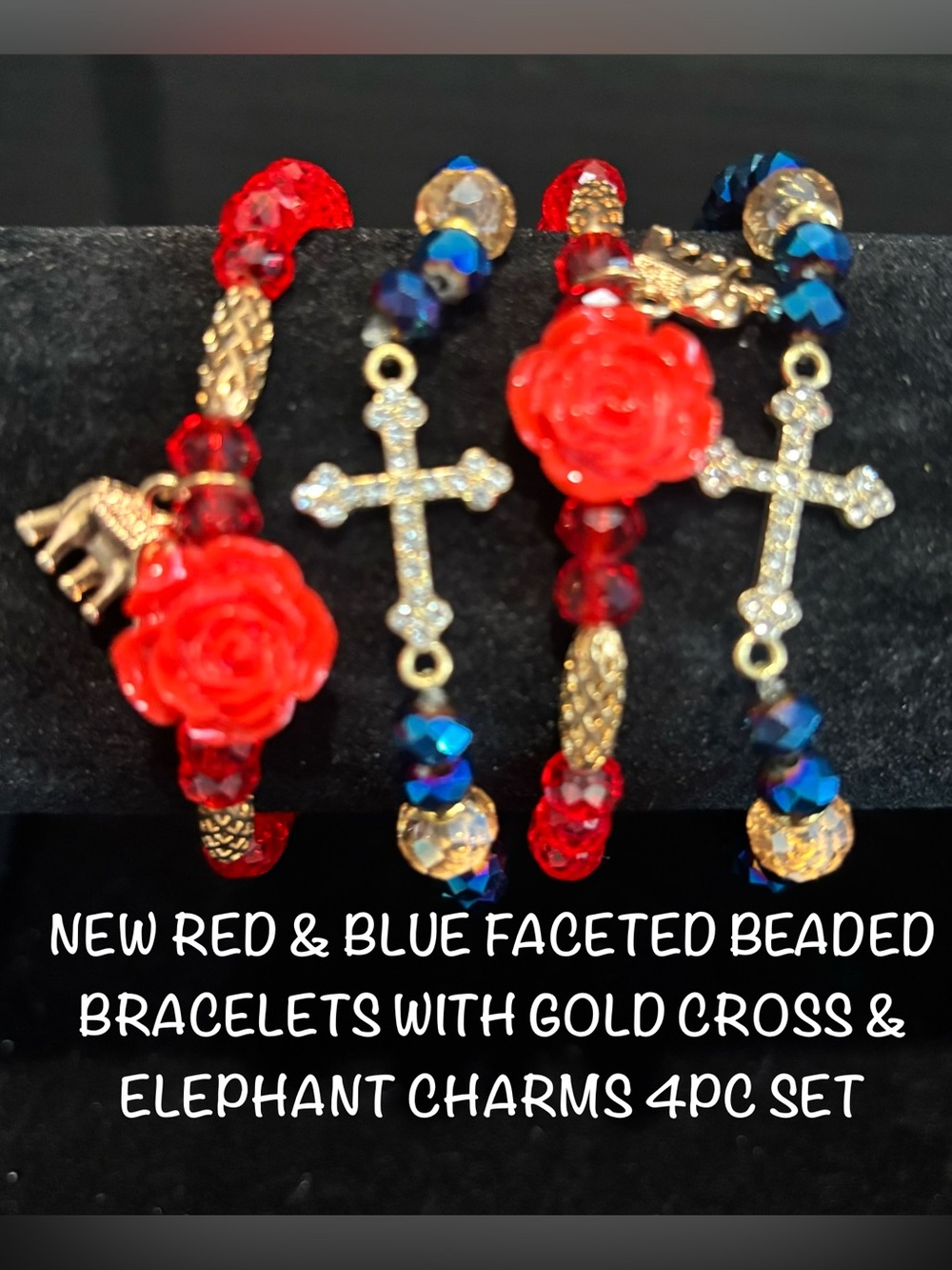New Red Rose & Blue Faceted Beaded Bracelets with Gold Cross Charms 4pc Set